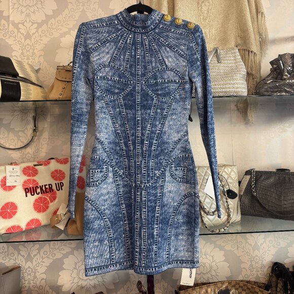 Balmain Dresses & Skirts - Balmain Denim Jacquard Knit Mini Dress - Size 40